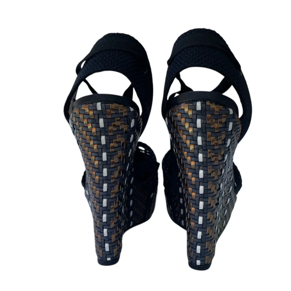 SCHUTZ Eymy Tresse Black and Bronze Wedge Platform Woven Detail Sz. 9.5